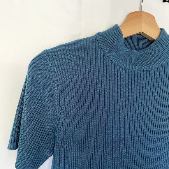 Studio Works knit short sleeved turtleneck top women's size PM blue ribbed shirt - Picture 2 of 5